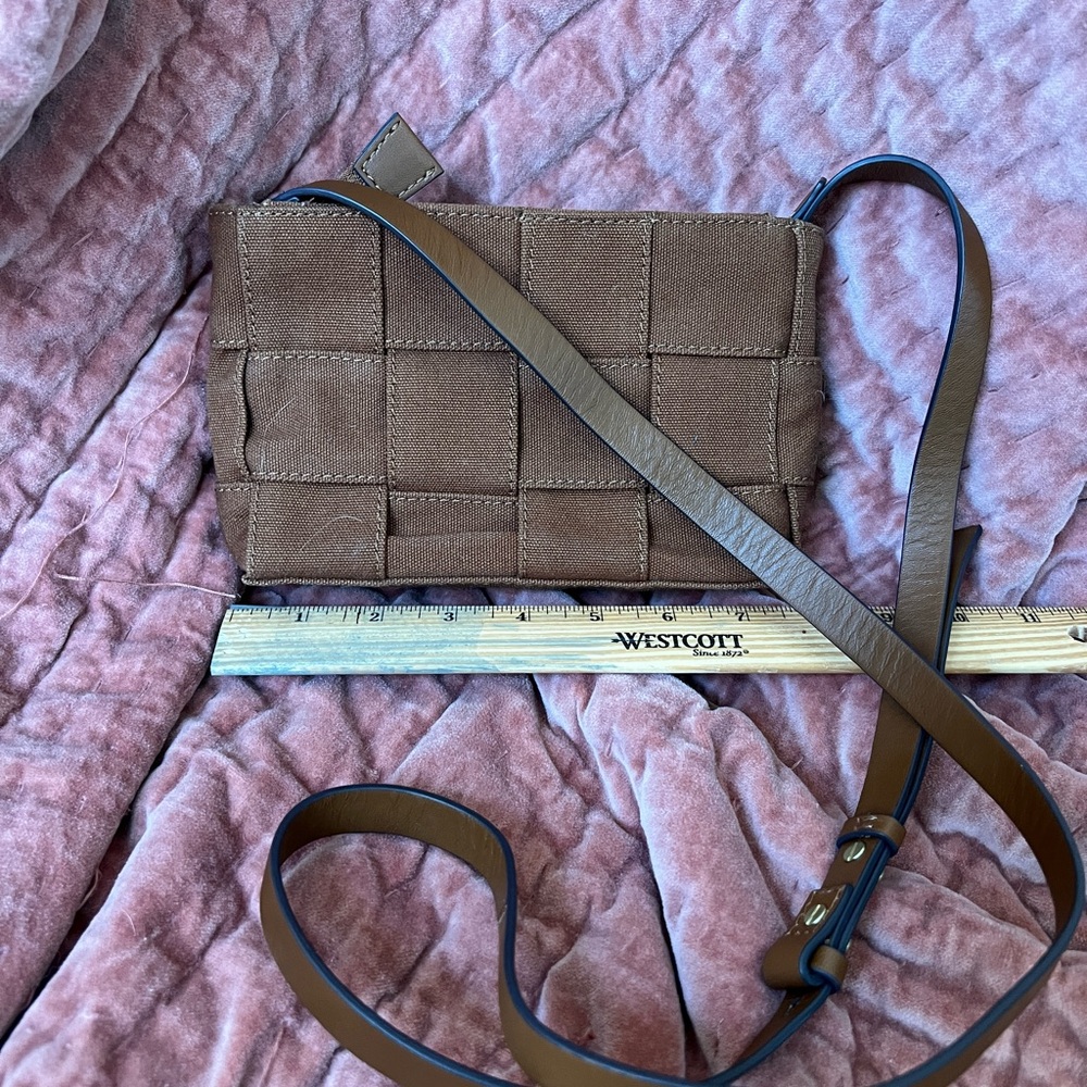 Lucky Brand cross body bag. Canvas woven with leather strap